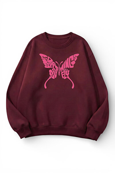 uyguntarz Unisex Soft Textured Butterfly Printed Design Oversize 3 Thread Cre...