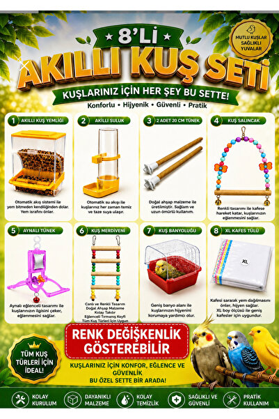 Petshop Akıllı Kuş Yemliği + Akıllı Suluk + 2 Adet 20 cm Ahşap Tünek + Kuş Sa...