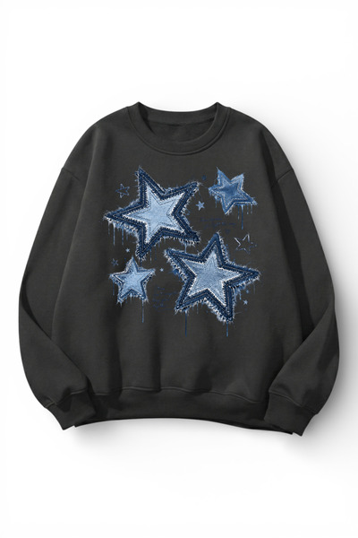 uyguntarz Unisex Soft Textured Denim Stars Printed Design Oversize 3 Thread C...