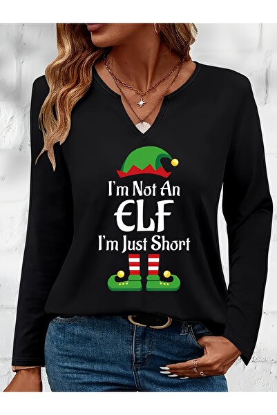 Deocept Elf Printed Cotton Half V-Neck Long Sleeve Blouse T-Shirt