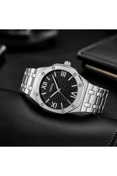 TIMERA ساعة فضية بمينا سوداء مزخرفة وسوار معدني -TIMERA Silver Analog Watch w...