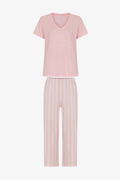 Penti Pembe Slow Days Çizgili Kısa Kollu Kapri Pijama Takımı