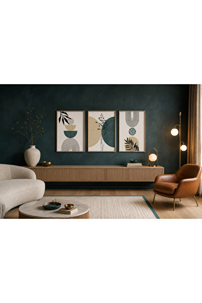 RDEKOR Koyu Yeşil Botanik Yapraklar ve Geometrik Formlar Temalı Modern 3'lü S...