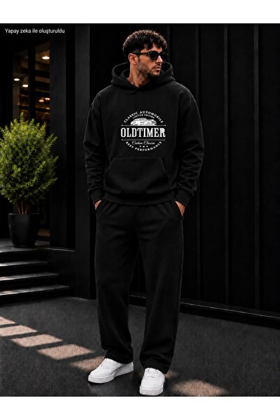 caddekombin Men's Oldtimer Classic Automobile Printed Tracksuit Set / Hooded ...