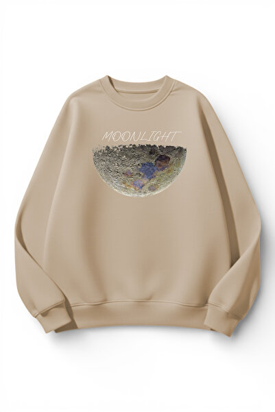 uyguntarz Unisex Soft Textured Real Moon Printed Design Oversize 3 Thread Cre...