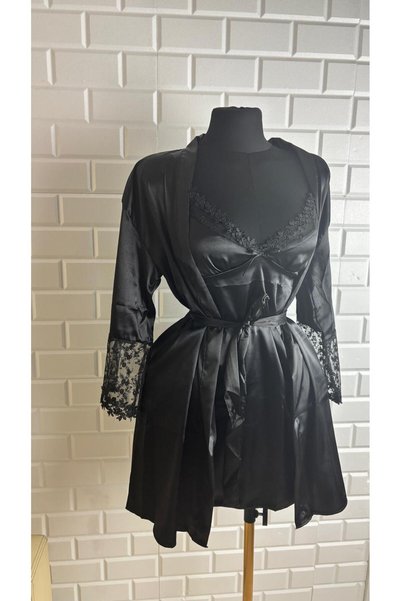 femme secret Women's Lace-Detail Satin Sabahlik Nightwear Set