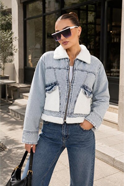 ŞİMAL Kadın Cep Yaka Peluş Detaylı Kot Mont 265289 -
