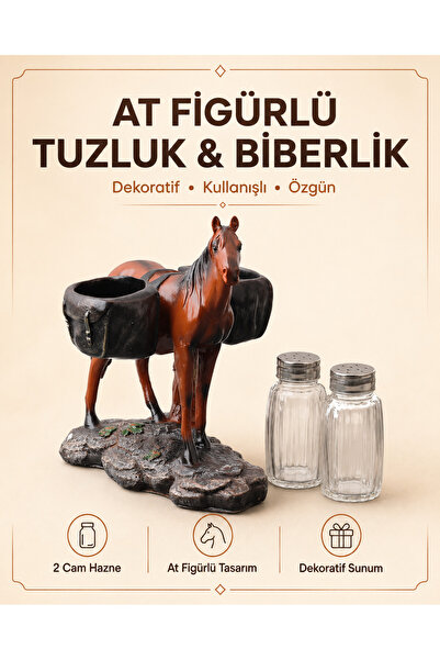 METTREND At Figürlü İkili Cam Hazneli Tuzluk Biberlik Seti Dekoratif Baharatl...