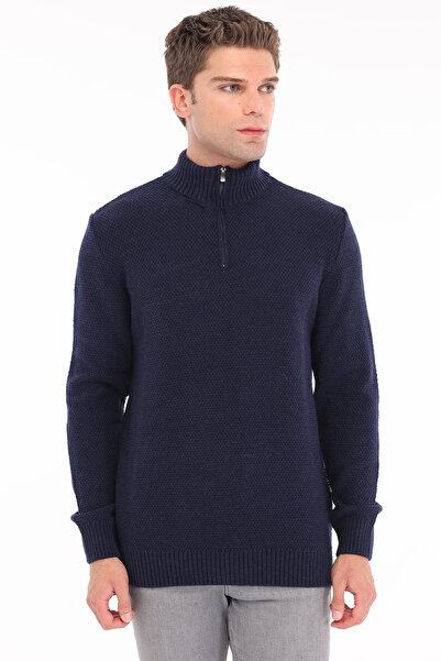 Trist Star Navy Blue Men's 80% Wool 20% Acrylic Knitted Half Zipper Stand Col...