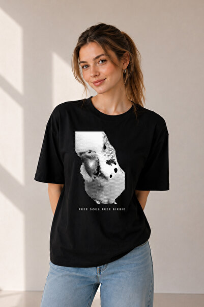 FANA Muhabbet Kuşu Baskılı Pamuklu Tişört Oversize Y2K Vintage Grafik Bisikle...