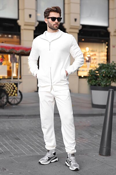Madmext Ecru Double Zipper Hooded Men's Tracksuit Set E7339