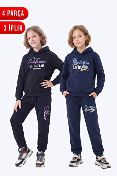 FYK KİDS 3 Thread Printed Winter Kangaroo Pocket Hooded Girls' 2-Piece Tracks...