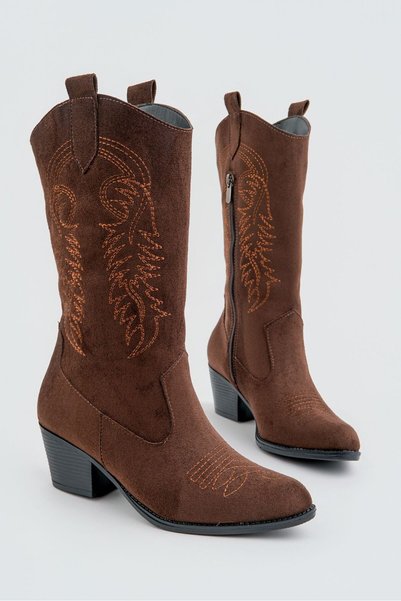 Genetti Dallaws Mid-Heeled Western Style Women's Brown Embroidered Cowboy Tan Suede Boots
