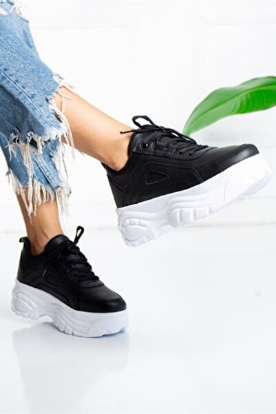 ALTUNTAŞ Kadın 5 Cm Kalın Taban Sneaker Detaylı Günlük Spor Ayakkabı - Siyah Beyaz