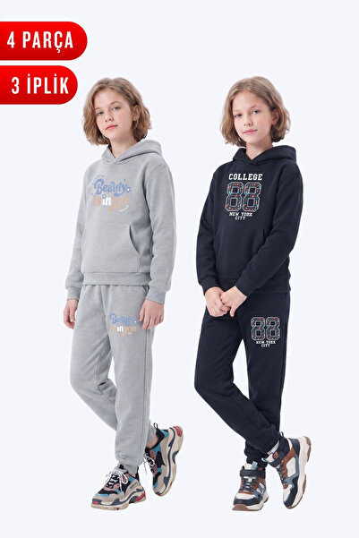 FYK KİDS 3 Thread Printed Winter Kangaroo Pocket Hooded Girls' 2-Piece Tracks...