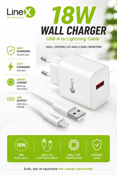 Linex 18W Hızlı Şarj Adaptörü + USB-A to Lightning Kablo – iPhone Uyumlu Hızl...