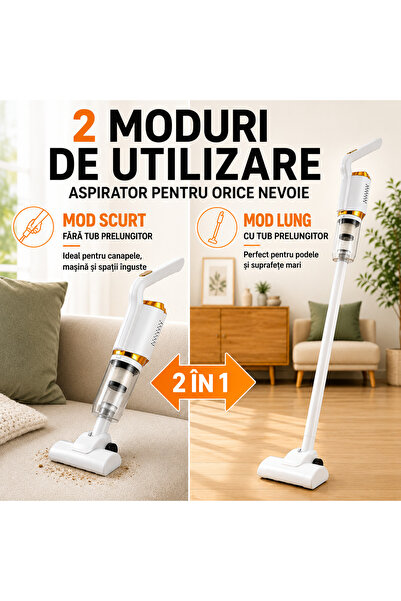 EMATTEIRO Aspirator Vertical și de Mână 2 în 1, fără Fir, cu Filtru Detașabil și Accesorii, 120W, Alb