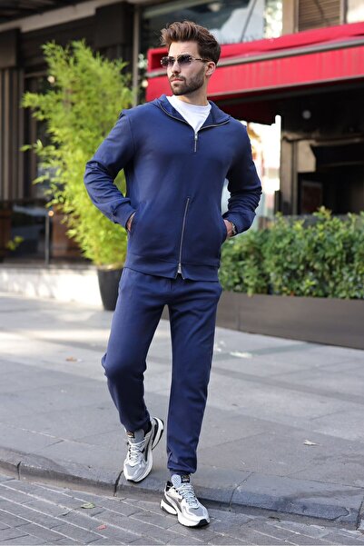 Madmext Navy Blue Double Zipper Hooded Men's Tracksuit Set E7339