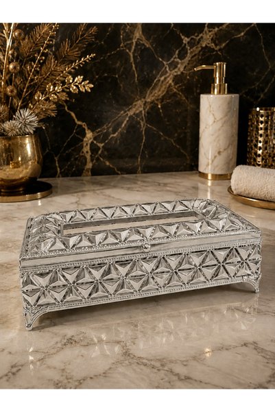 Leila Suport pentru șervețele cu oglindă în formă de Z cu model diamant – Cutie decorativă pentru șervețele din metal argintiu cu oglindă interioară 23 cm