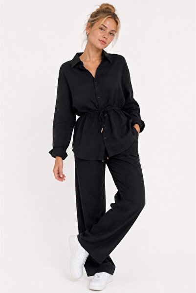 Cassime Women's Black Long Shirt Pants Muslin 100% Cotton Oversize Set