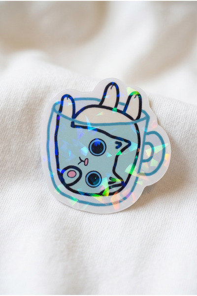 Plumie Bardakta Kedi Laminasyonlu Sticker – Sevimli Dekoratif Laptop, Defter,...
