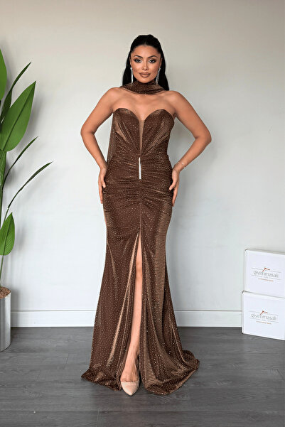giyimmasalı Jacquard fabric strapless evening dress with shawl detail - brown