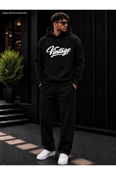 caddekombin Men's Vintage Script Printed Tracksuit Set / Hooded Sweatshirt an...