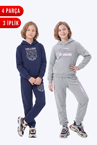 FYK KİDS 3 Thread Printed Winter Kangaroo Pocket Hooded Girls' 2-Piece Tracks...