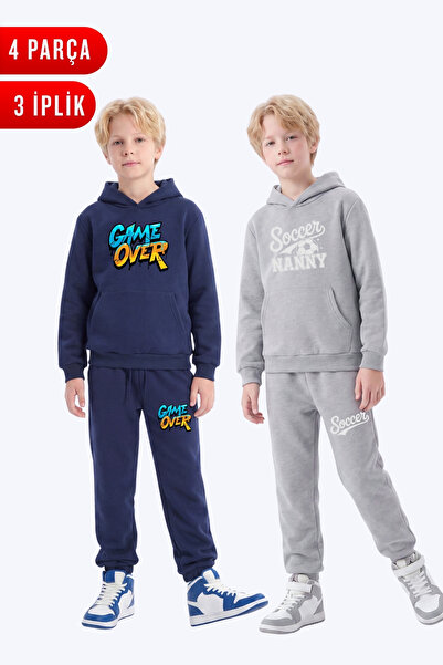 FYK KİDS 3 Thread Printed Winter Kangaroo Pocket Hooded Boys' 2-Piece Tracksu...