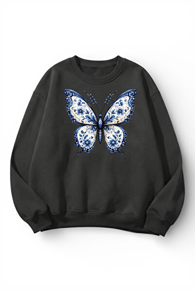 uyguntarz Unisex Soft Textured Butterfly Printed Design Oversize 3 Thread Cre...