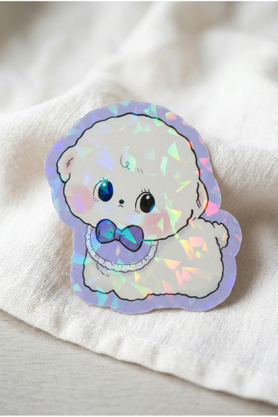 Plumie Mor Papyonlu Sevimli Köpek Laminasyonlu Sticker – Kawaii Laptop, Defte...