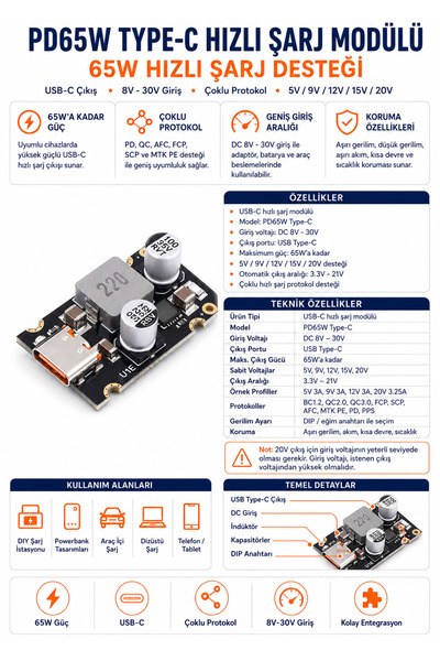 RobotikDepo PD65W Type-C Hızlı Şarj Modülü