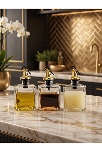 Trend Home Life Lüks Gold Başlıklı 200 ml Kare Cam Yağlık & Sosluk - Sızdırmaz Damlatmaz Yağdanlık Sirkelik