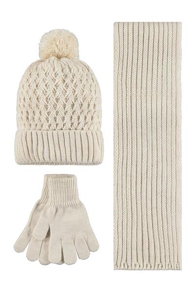 Civil Girls 10-13 Years Old Scarf, Beanie and Glove Set - Beige