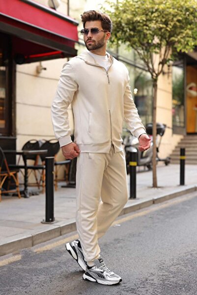 Madmext Beige Double Zipper Hooded Men's Tracksuit Set E7339
