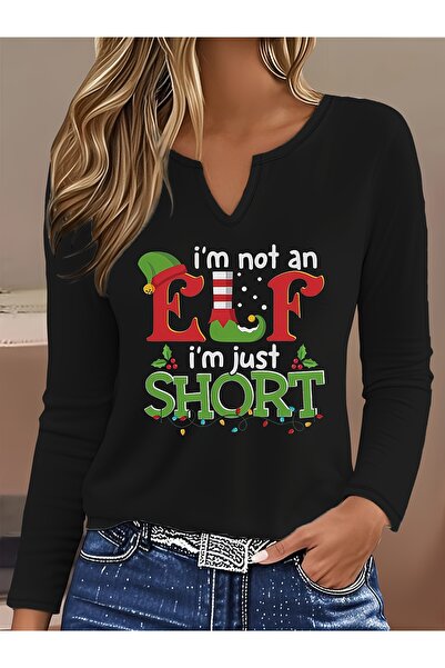 Deocept Elf Printed Cotton Half V-Neck Long Sleeve Blouse T-Shirt