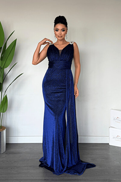giyimmasalı Sparkling fabric stone detailed evening dress - navy blue
