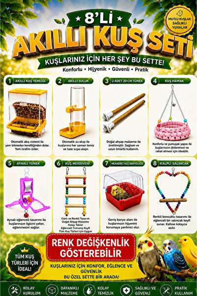 Petshop Akıllı Kuş Yemliği + Akıllı Suluk + 2 Adet 20 cm Ahşap Tünek + Kuş Ha...