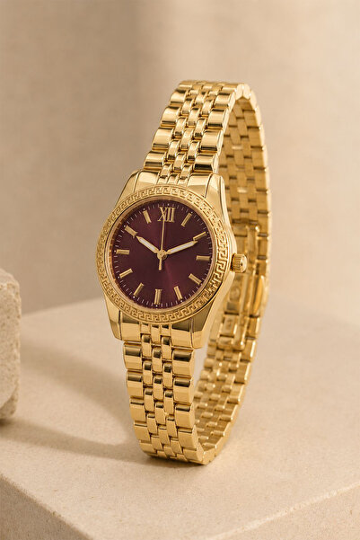 GANYMET Belgar Women's Gold Color Metal Cord with Claret Red Dial Roman Numbe...
