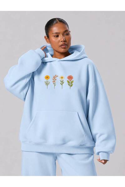 BENROMA 3 Yarn Combed Cotton Small Flowers Printed Large Size Unisex Sweatshi...