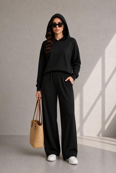 LEONE KOLEKSİYON Women's Hooded Modal Set Oversize Top Wide Leg Pants
