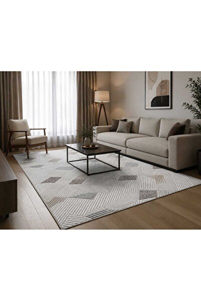 Nesrin Modern Geometrik Çizgili Bej Vizon Koridor Yolluk & Salon Halısı - 3D ...