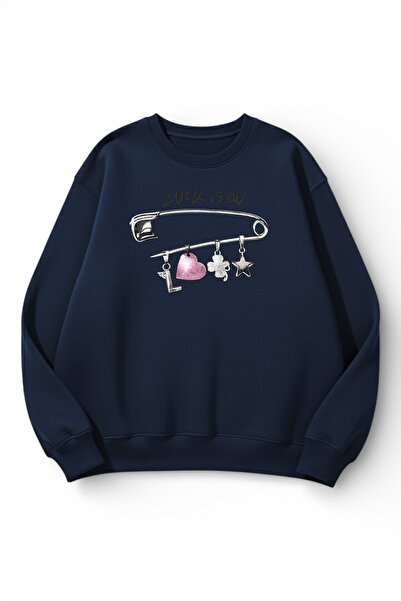 uyguntarz Unisex Soft Textured Luck Printed Design Oversize 3 Thread Crew Nec...