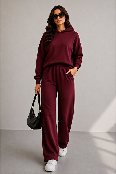LEONE KOLEKSİYON Women's Hooded Modal Set Oversize Top Wide Leg Pants