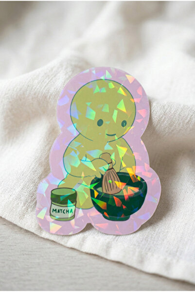 Plumie Matcha Hazırlayan Sevimli Karakter Hologramlı Laminasyonlu Sticker – A...