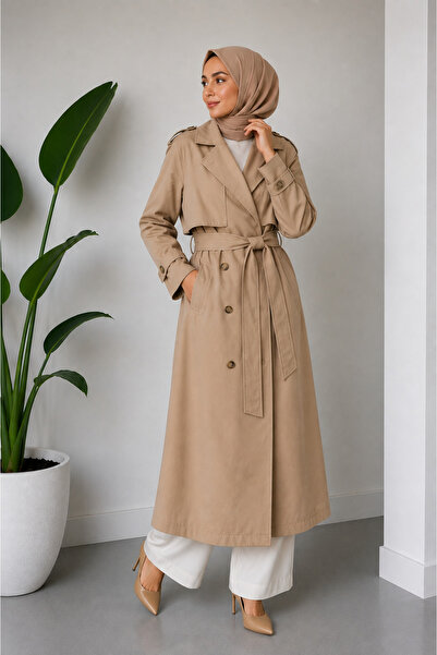 VıoShıne Women's Modal Tencel Belted Pocketed Lined Long Trench Coat