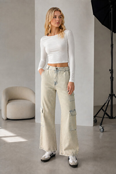 SHEVEGA Women's 3 Cargo Pockets Tint Washed Ice Snow Wide Leg Denim Trousers