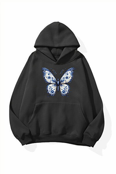 uyguntarz Unisex Soft Textured Butterfly Printed Design Oversize 3 Thread Hoo...