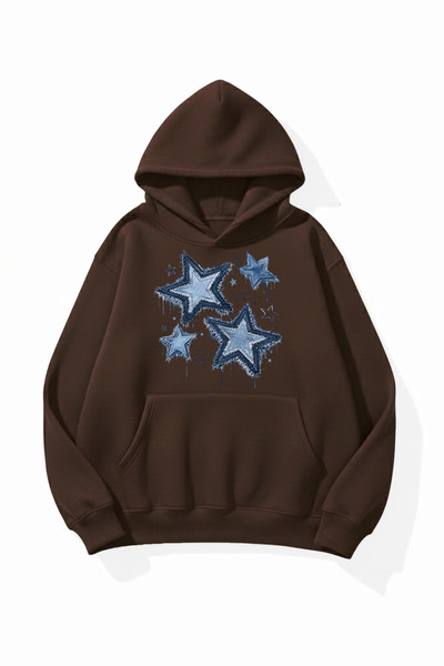 uyguntarz Unisex Soft Textured Denim Stars Printed Design Oversize 3 Thread H...