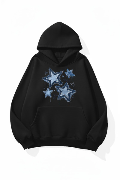 uyguntarz Unisex Soft Textured Denim Stars Printed Design Oversize 3 Thread H...